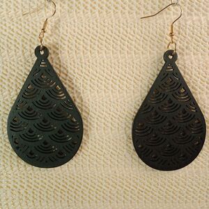 BOHO BLACK WOODEN Bohemian Teardrop Laser Cut 3.5" Earrings